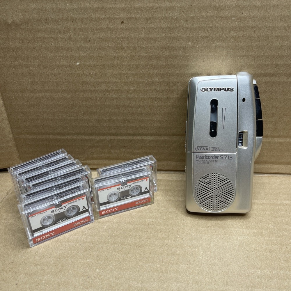 Olympus Pearlcorder S713 Microcassette Recorder + 8 Sony MC-90 MC-60 Tapes